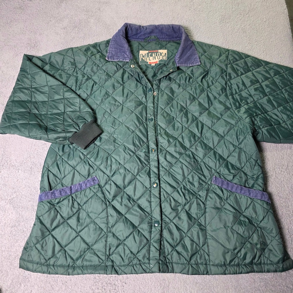 Phenom Mens Large Quilted Jacket Green Purple Corduroy Collar Vintage 90s Snap